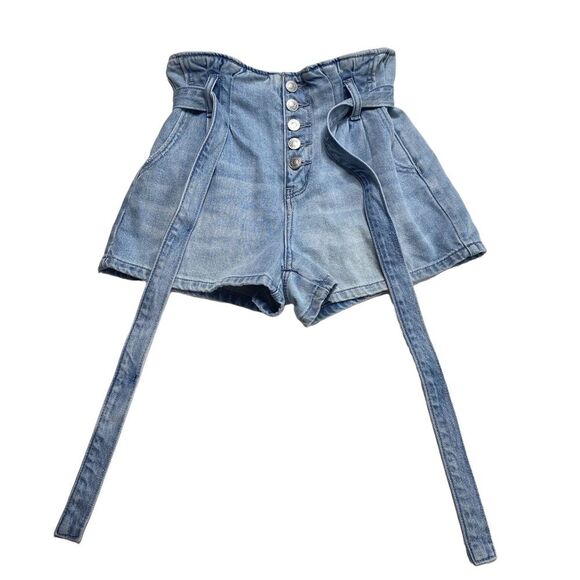 American Eagle Mom Shorts Belted Paper Bag Waist Button Fly Blue Sz 00 - Picture 4 of 14